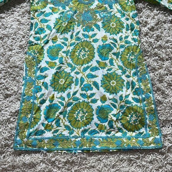 GRETCHEN SCOTT DESIGNS Embroidered Green White & Aqua Foliage Tunic Pullover XS - Picture 4 of 16